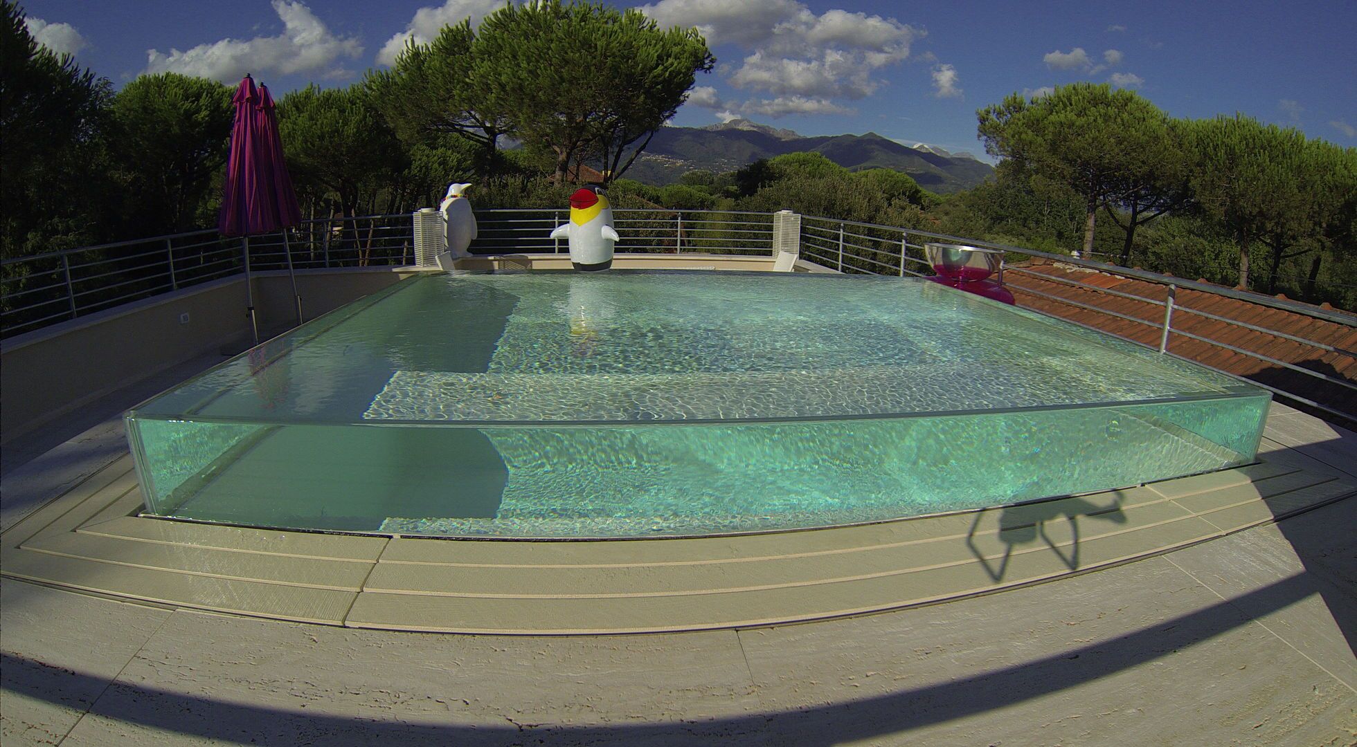 A rectangular glass-bottomed pool with a surrounding deck, a railing, and a view of trees and mountains in the background.