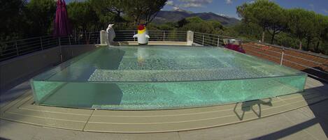 A rectangular glass-bottomed pool with a surrounding deck, a railing, and a view of trees and mountains in the background.