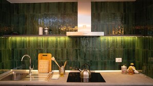 A modern kitchen with green tiles, a stainless steel sink, a kettle, and various utensils. - Modern, cosy Garden Suite, parking u.r. (Roma)