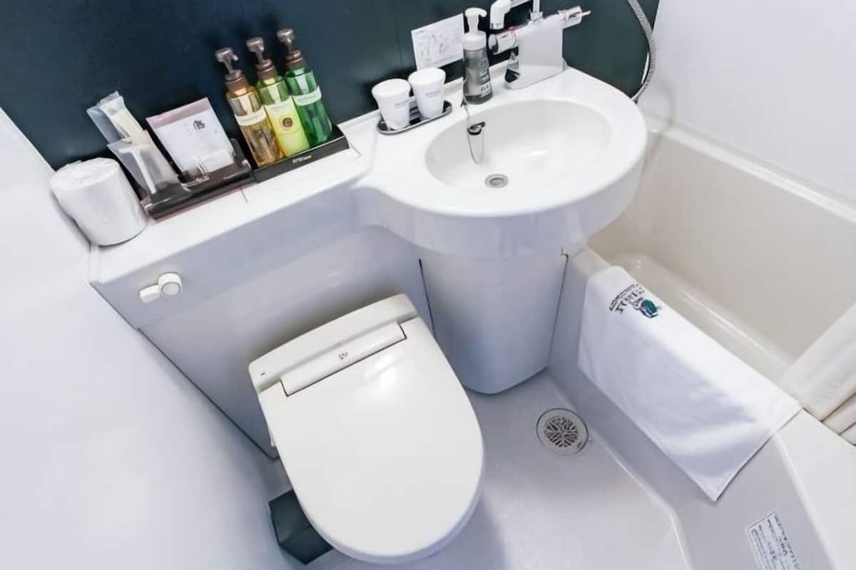 A bathroom with a toilet, sink, and a trash bin.