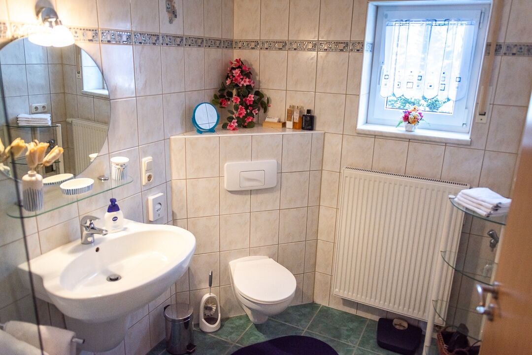 A bathroom with a sink, toilet, and a window with a view.