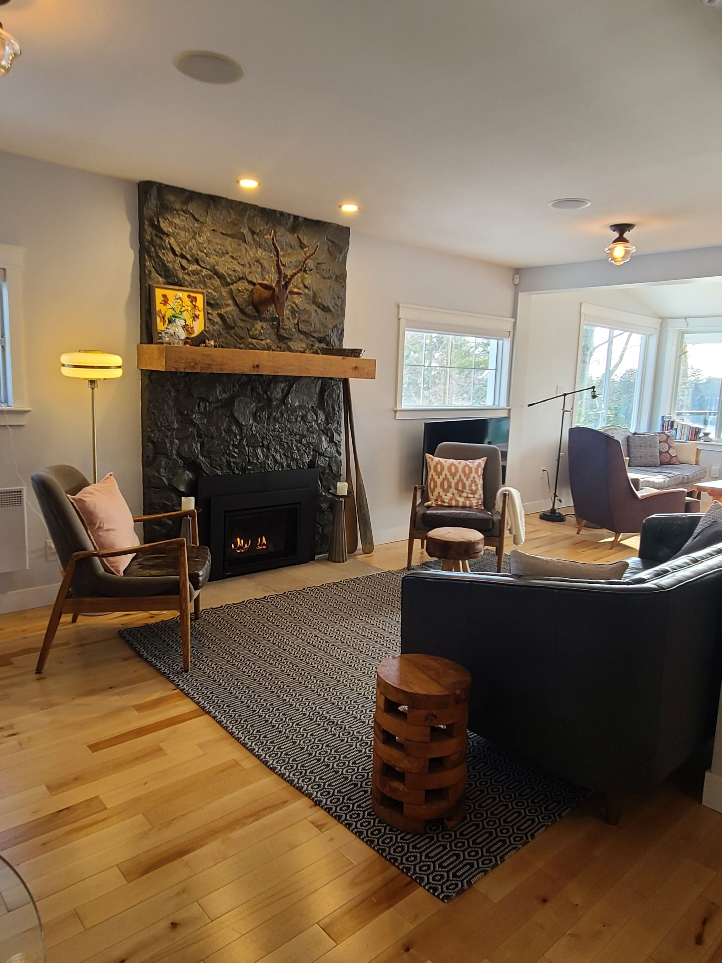 Smart TV, fireplace, video games, DVD player