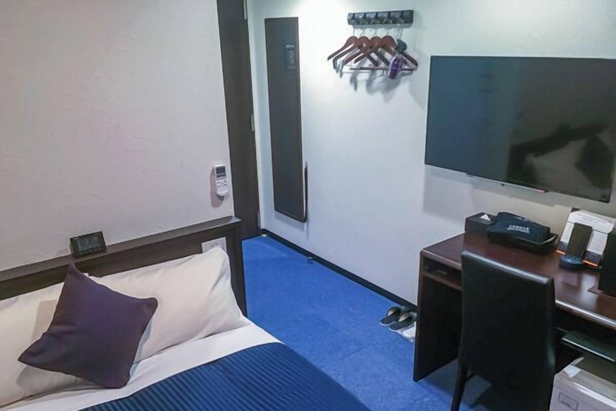 Een hotelkamer met een bed, een bureau, een stoel, een televisie en een kapstok met hangers.