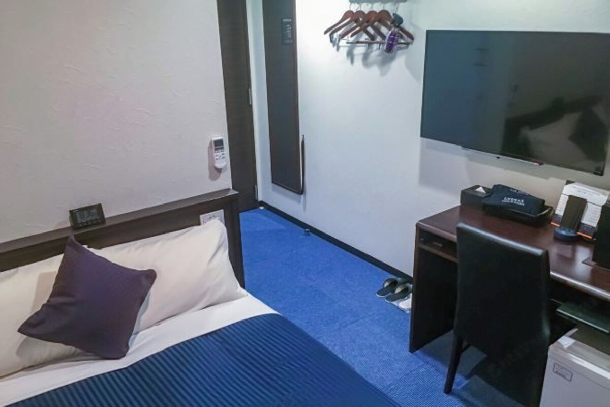 Ett hotellrum med en säng, ett skrivbord, en stol, en tv och en skohylla.