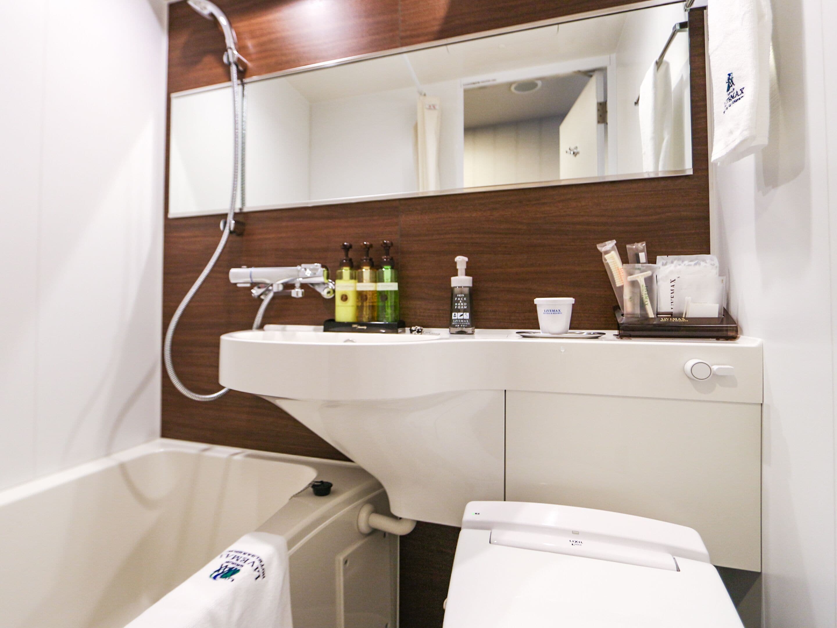 combined shower/bathtub, free toiletries, hair dryer, slippers