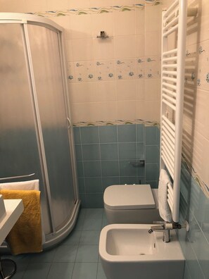 Een haardroger, handdoeken, zeep, toiletpapier