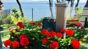 Two large black pots with red flowers on a wooden deck with a view of a body of water and mountains in the background. -  Secluded Sandy Beach All To Yourself! Panoramic Ocean and Mountain views. (Comox)