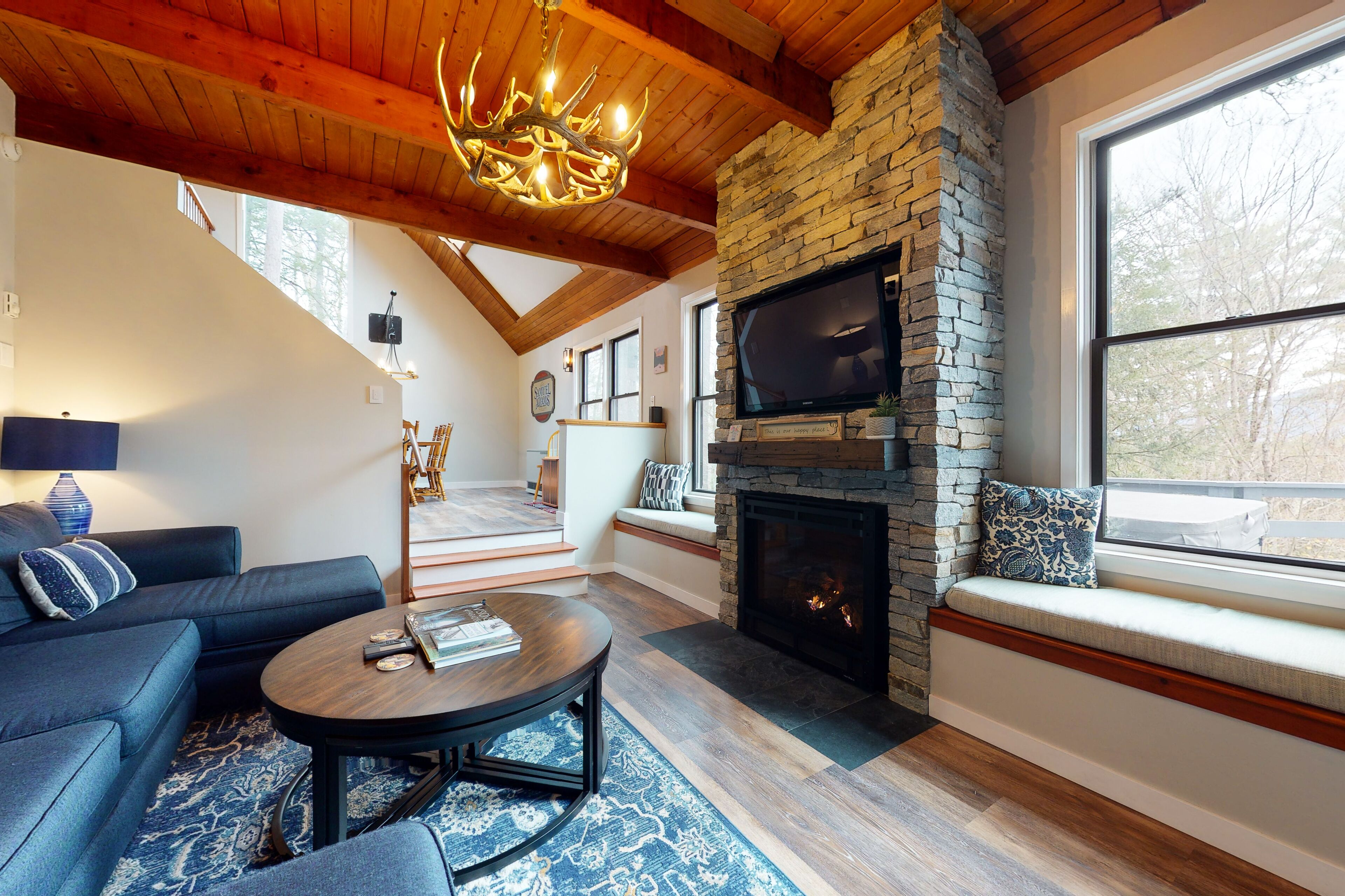 TV, fireplace, books, stereo