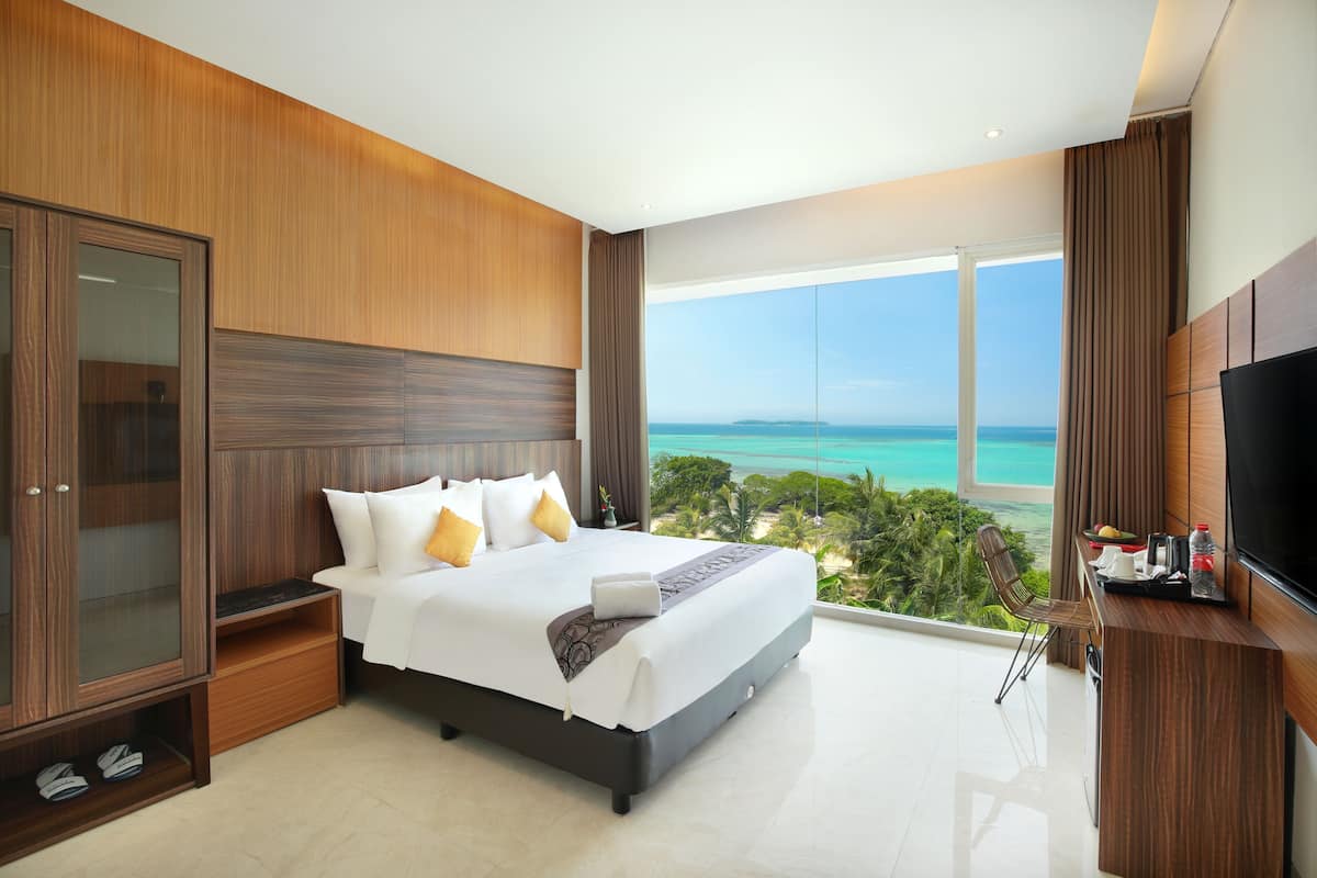 A bedroom with a large bed, a TV, and a view of the ocean.