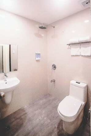 A bathroom with a sink, toilet, and shower. - Trip Inn Near Airport or City Center (Legazpi)