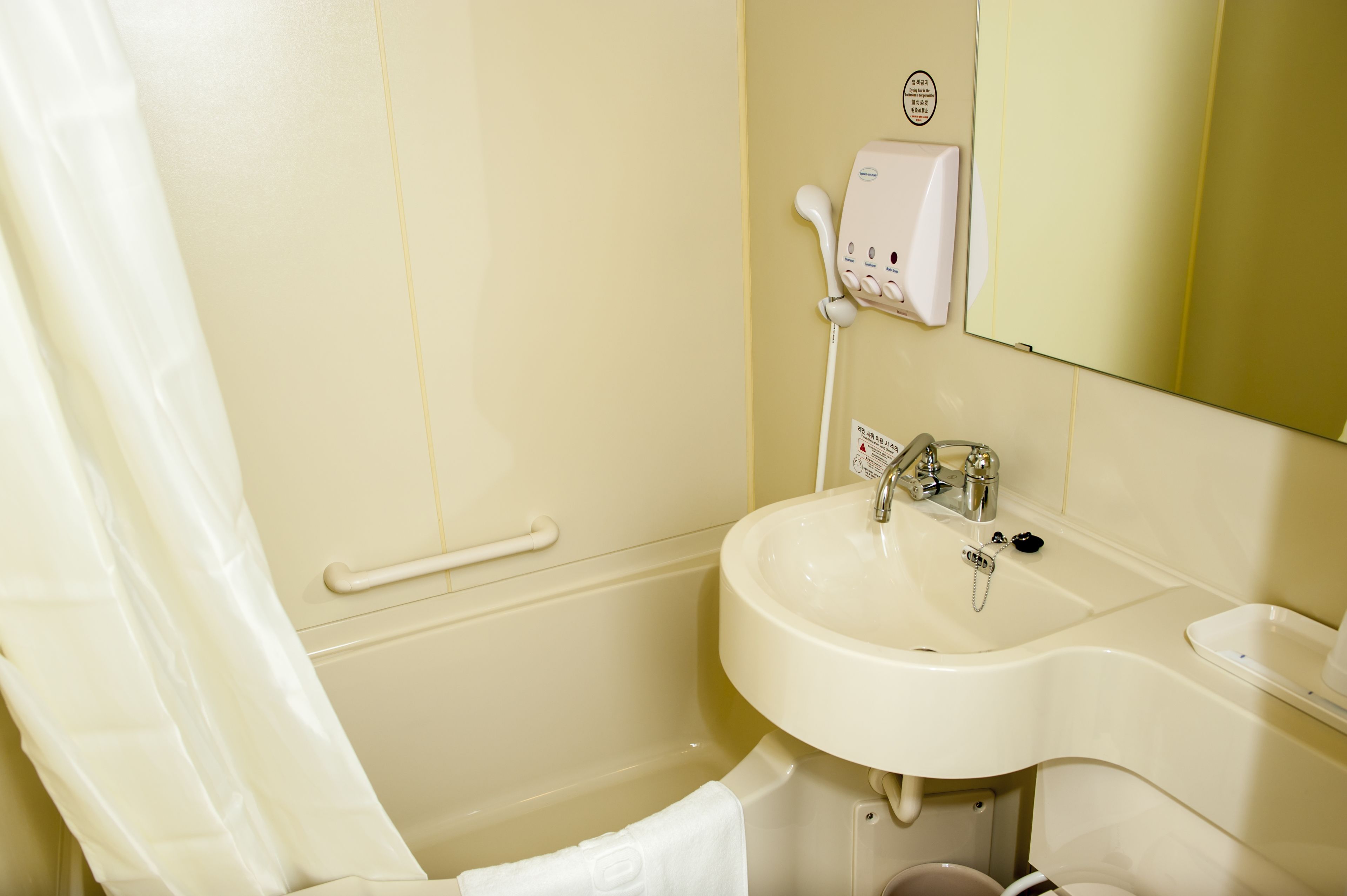A bathroom with a white sink, a mirror, and a handheld showerhead.