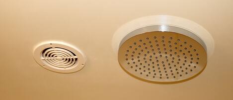A ceiling with two ventilation grilles.