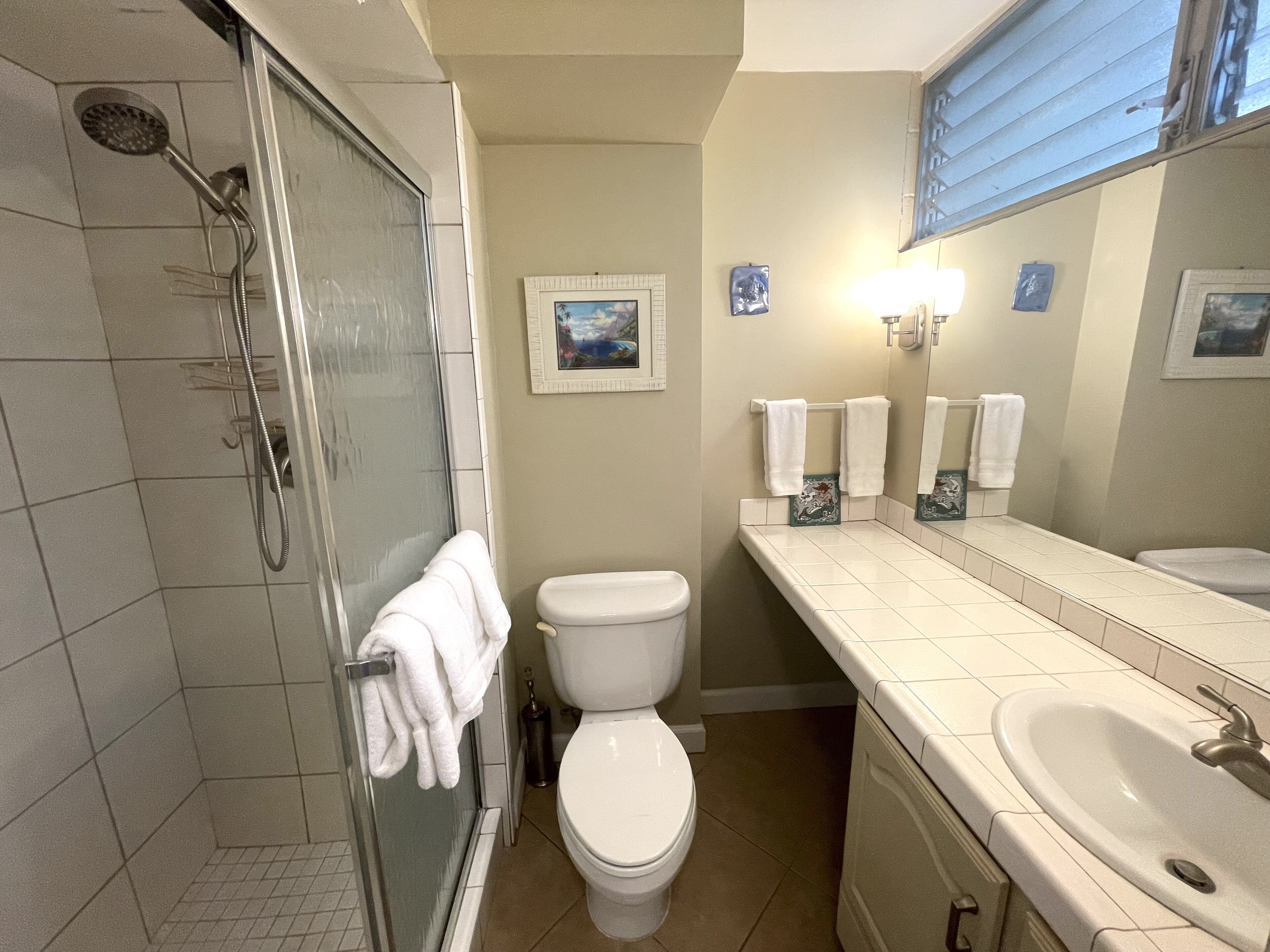 A bathroom with a glass-enclosed shower, a toilet, a sink, and a mirror.