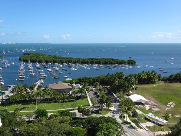 A marina with numerous boats, surrounded by lush greenery and a clear blue sky.