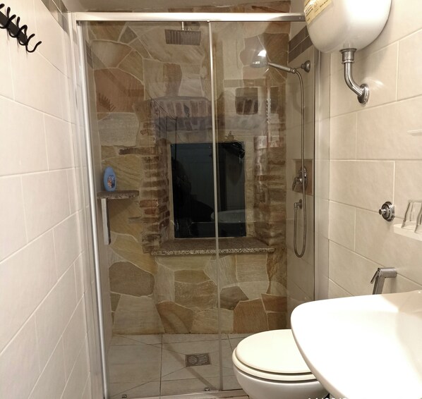 A bathroom with a glass-enclosed shower, a toilet, and a sink.
