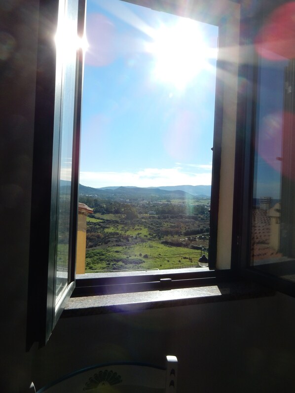 Vista desde una ventana con marco de metal y puerta de vidrio, que da a un paisaje verde con colinas y cielo despejado.