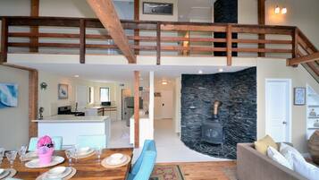 45-inch flat-screen TV with cable channels, TV, fireplace