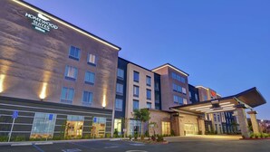 Un hotel con diseño moderno, que presenta un gran cartel de Homewood Suites by Hilton, varios pisos y una entrada acogedora con un corredor cubierto.