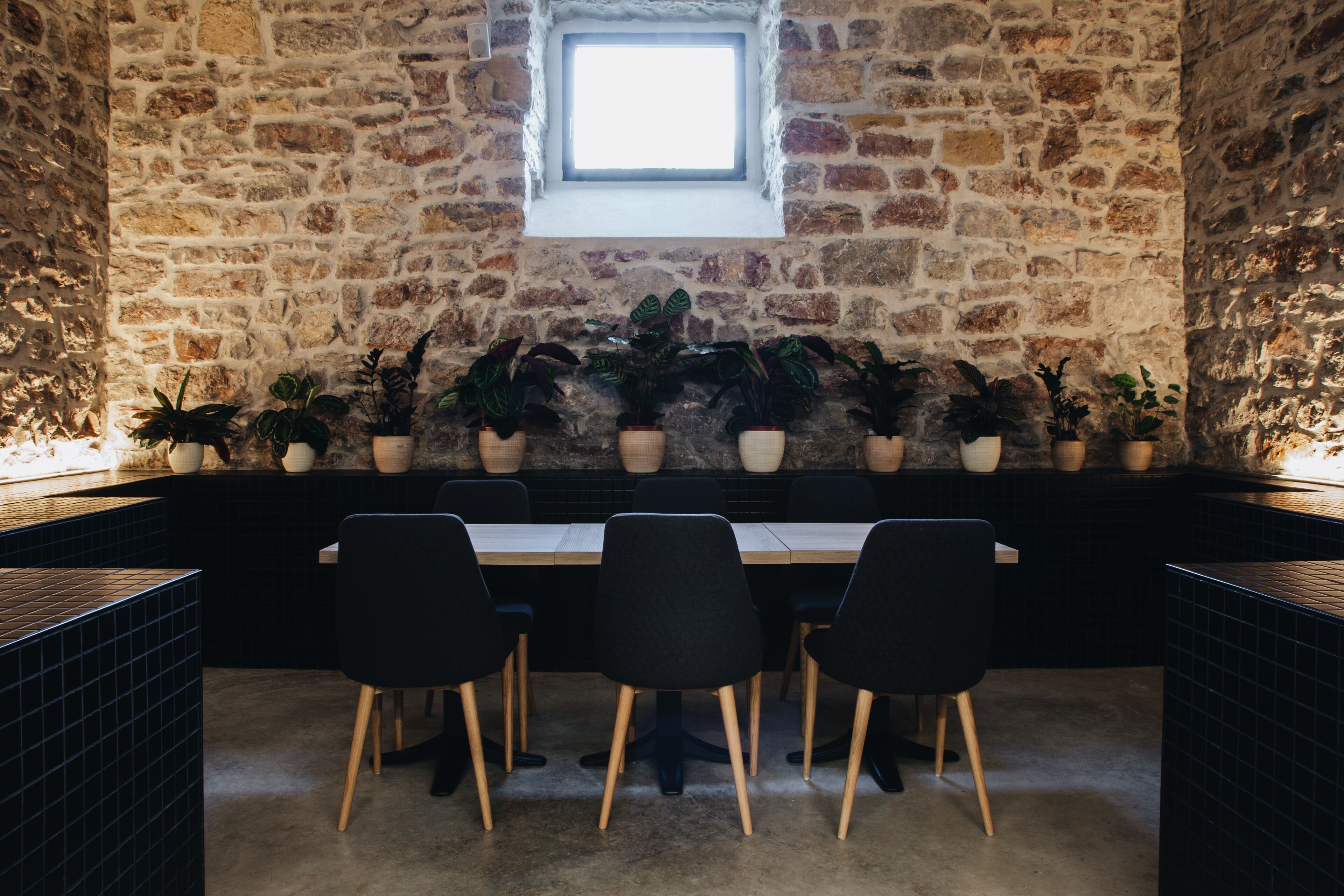 Una habitación con paredes de piedra, una mesa larga y sillas, plantas en macetas y un tragaluz.