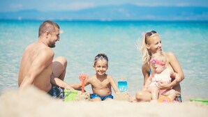 A family on a beach with a clear view of the sea and distant mountains. - Mont Choisy Le Parc by Pam Golding (Mont Choisy)