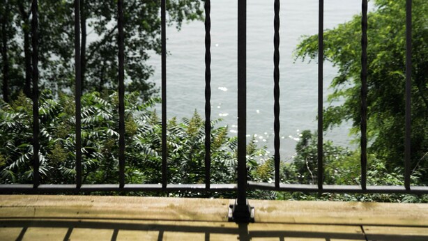 A balcony with a metal railing overlooking a body of water and dense foliage.