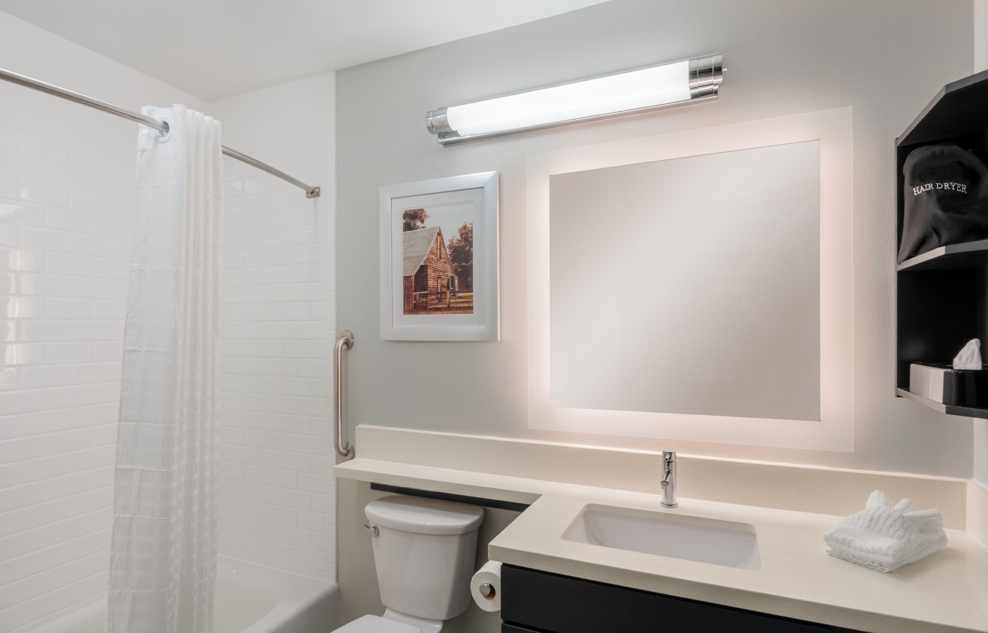 A modern bathroom with a shower, toilet, sink, and a framed picture on the wall.