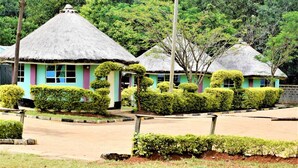 Uma fileira de cabanas com telhados de palha e paredes em tons pastel, cercada por sebes e árvores bem cuidadas.