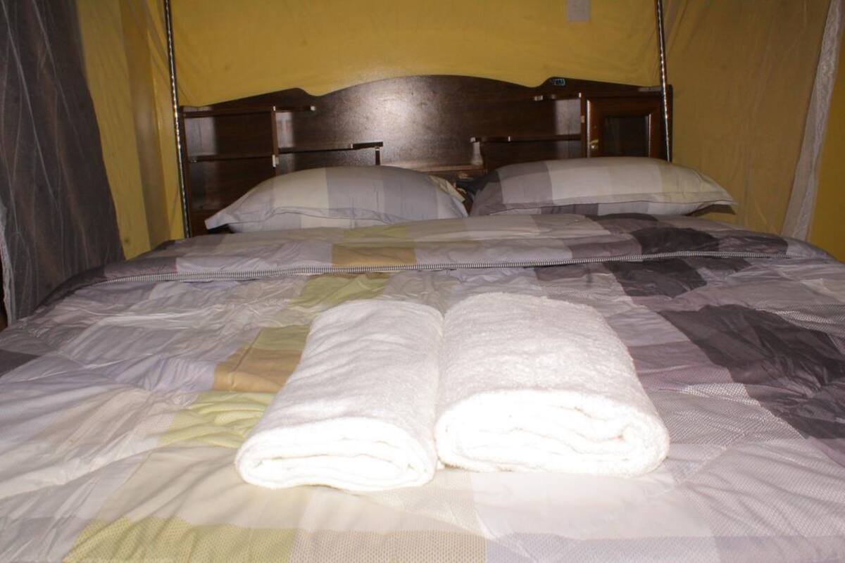A bed with a wooden headboard, two pillows, and a folded white towel.
