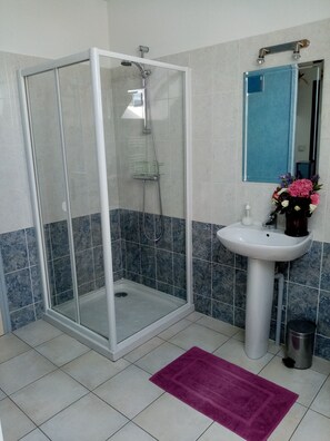 Comfort tweepersoonskamer | Badkamer | Een douche, gratis toiletartikelen, een haardroger, handdoeken