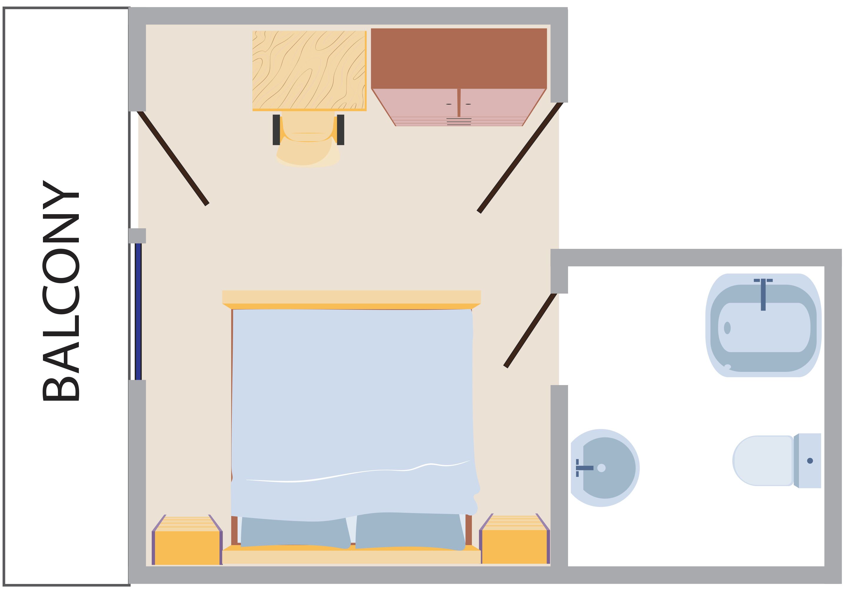 A room with a bed, a small table, a cabinet, and a bathroom with two sinks.