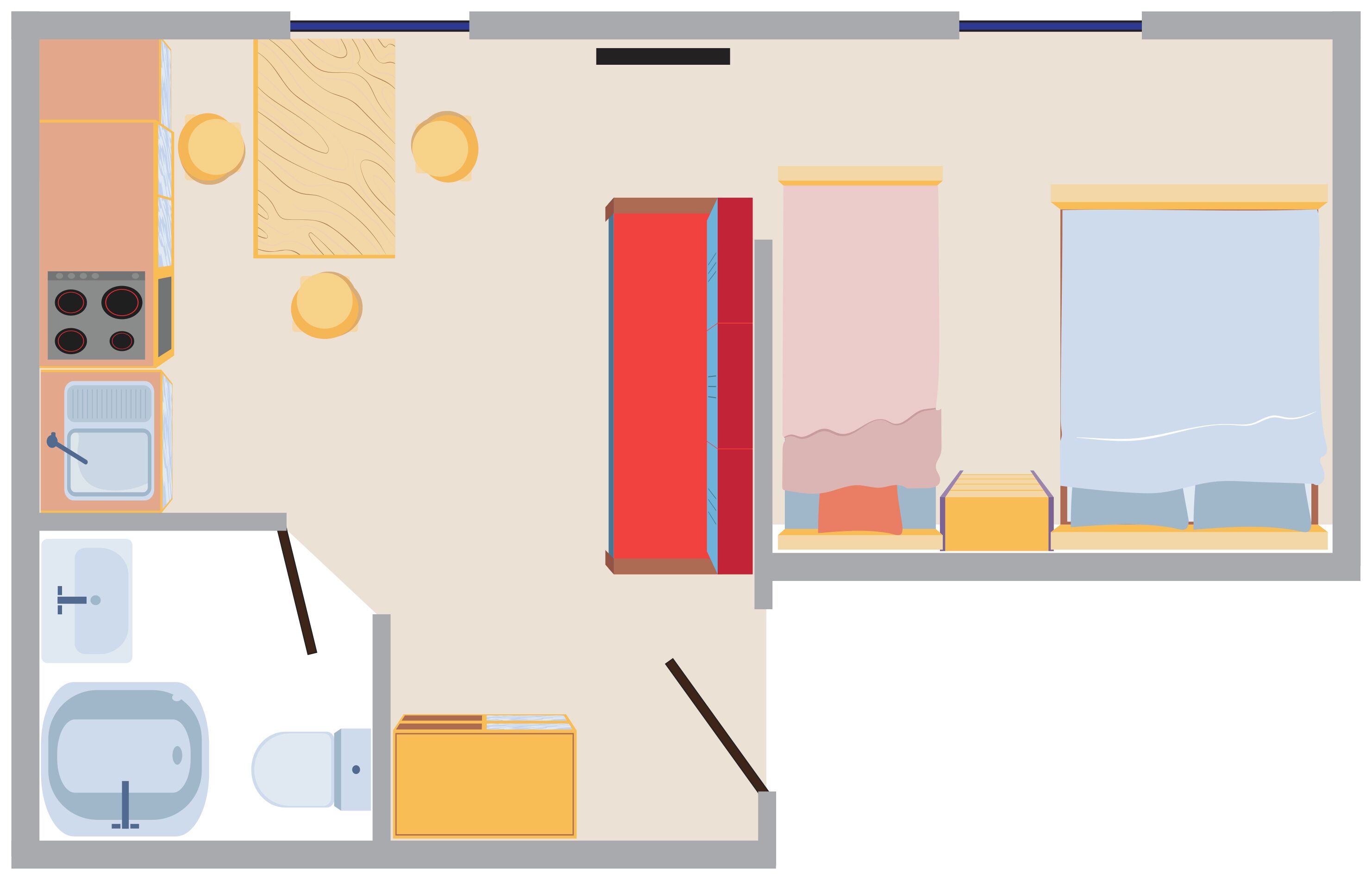 Una cocina con estufa, lavaplatos y refrigerador; un dormitorio con cama y ventana; y un baño con inodoro y lavamanos.