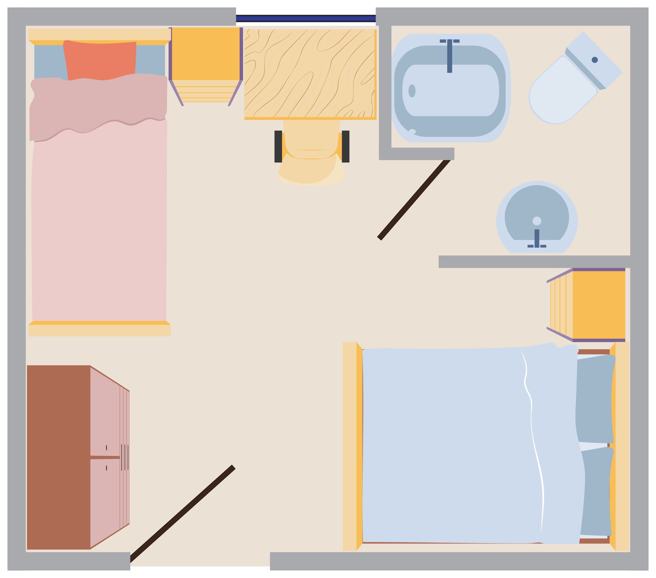 Una habitación con cama, escritorio, silla, armario, baño con lavabo y espejo.