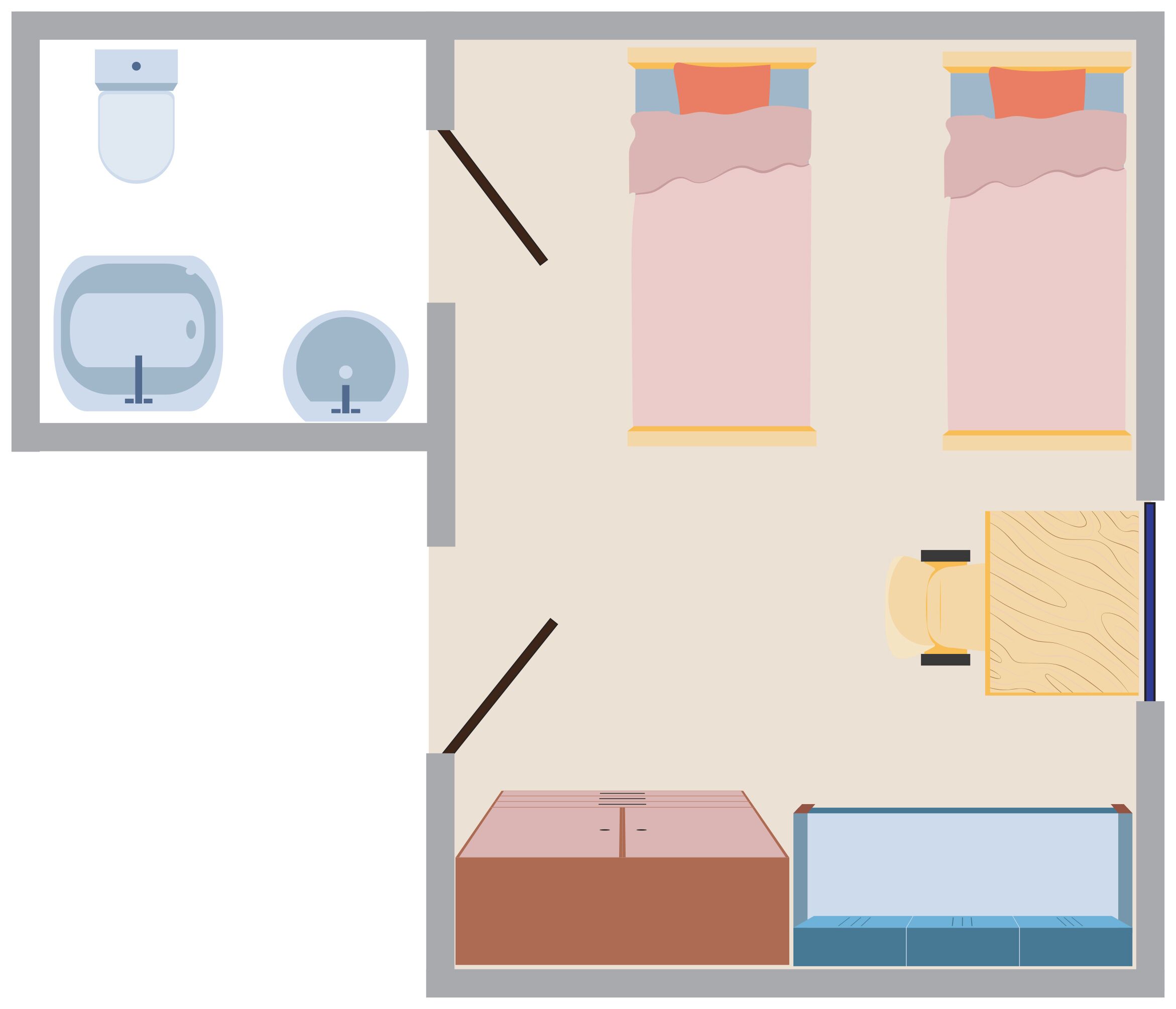 A room with a bed, a desk, a chair, a wardrobe, and a bathroom.