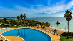 A large, curved swimming pool with a wooden deck, surrounded by lounge chairs and palm trees, overlooking a beach and ocean. - A15- Cliffside Beach Apartment by Dreamalgarve (Lagos)
