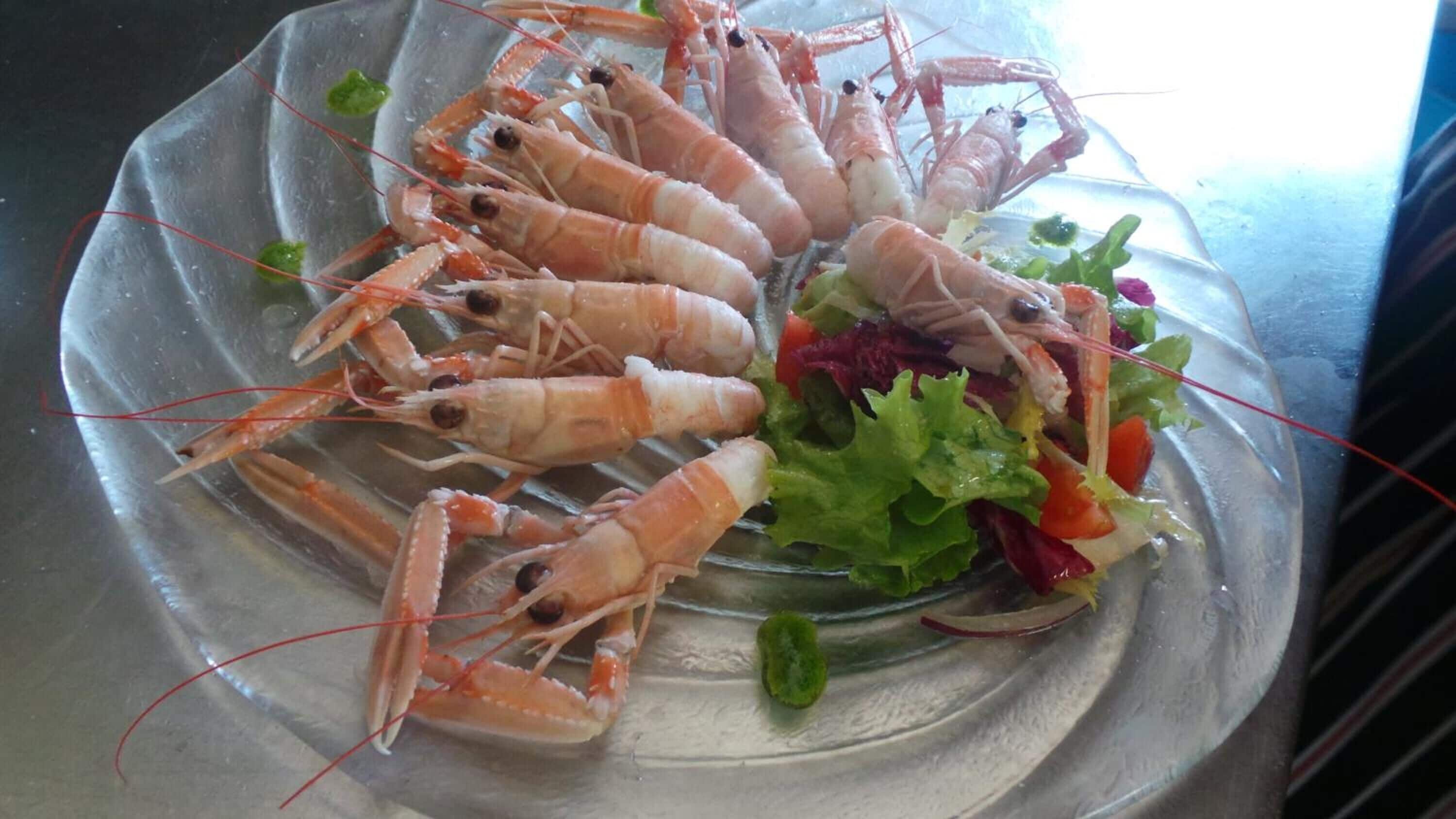 Un plato con camarones cocidos y una ensalada.
