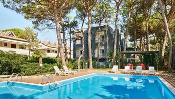 Seasonal outdoor pool, sun loungers