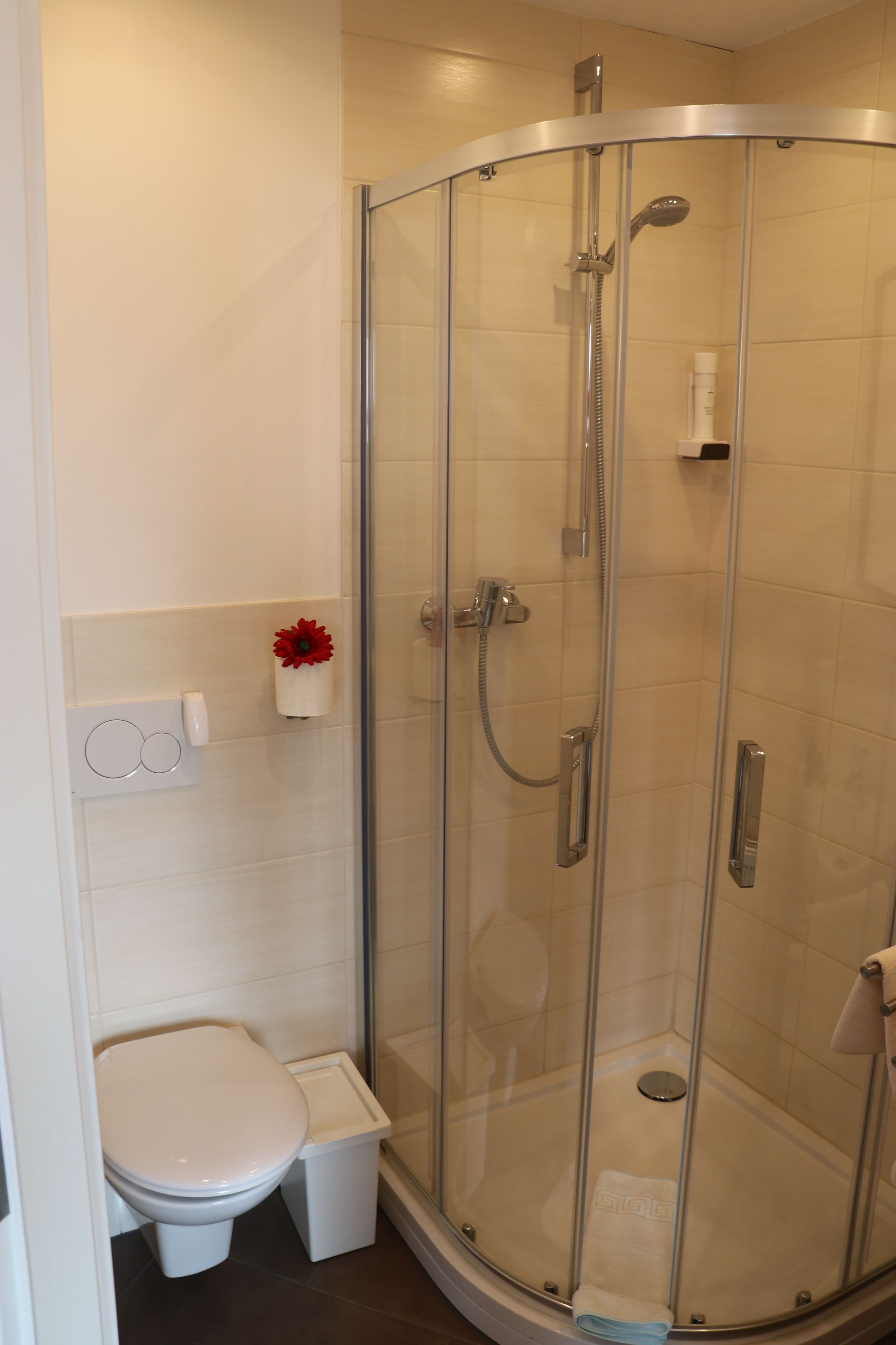A modern bathroom with a glass-enclosed shower, a toilet, and a small shelf with a flower.