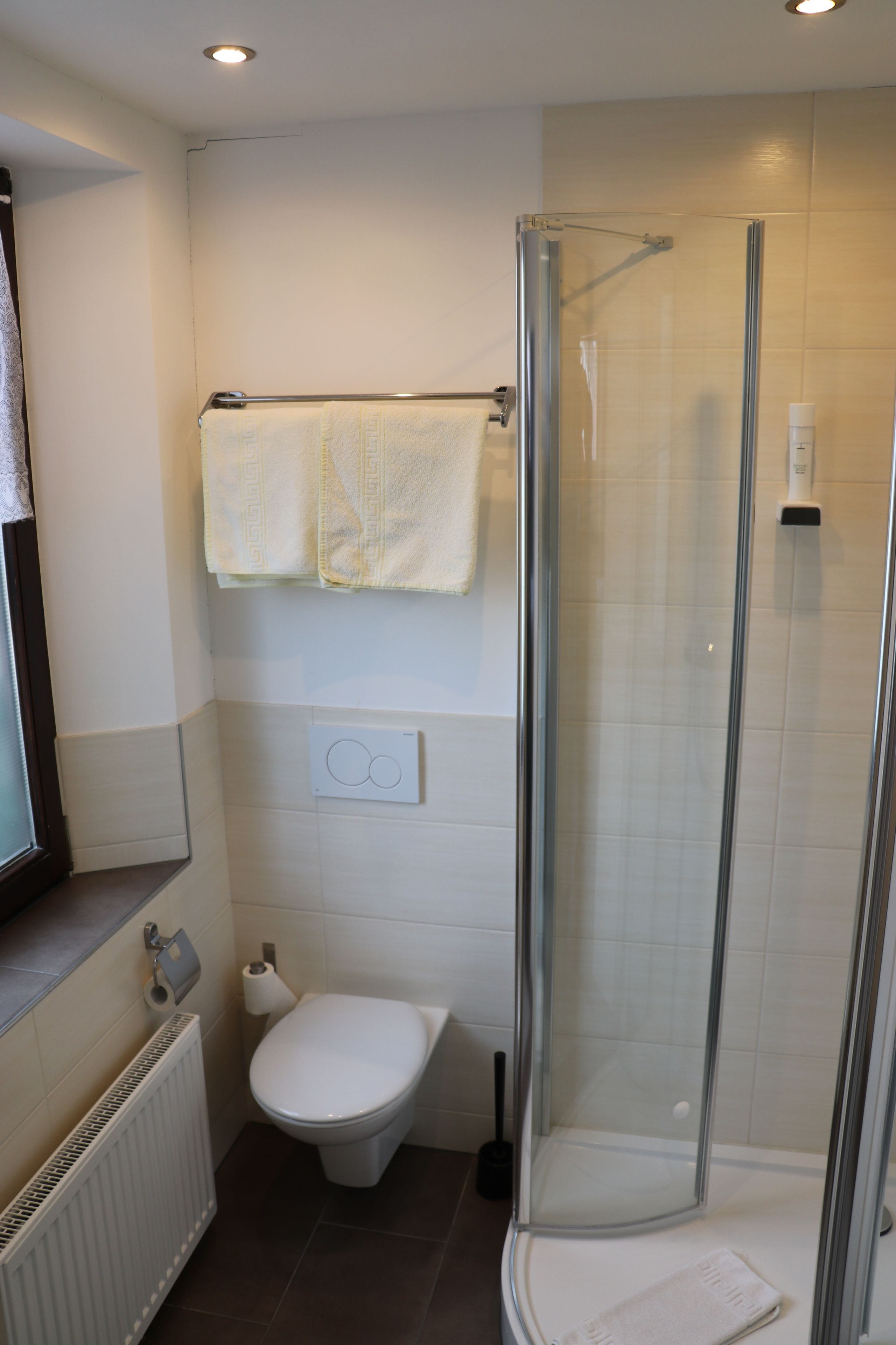Un bagno con un WC, una cabina doccia in vetro e un portasciugamani con due asciugamani.