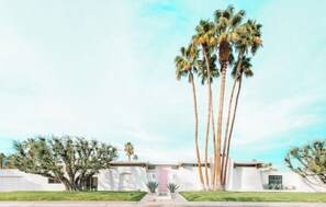 A modern house with a central entrance, surrounded by palm trees and a well-maintained lawn. - Famous Pink Door | Pool | Billiard Room (Palm Springs)