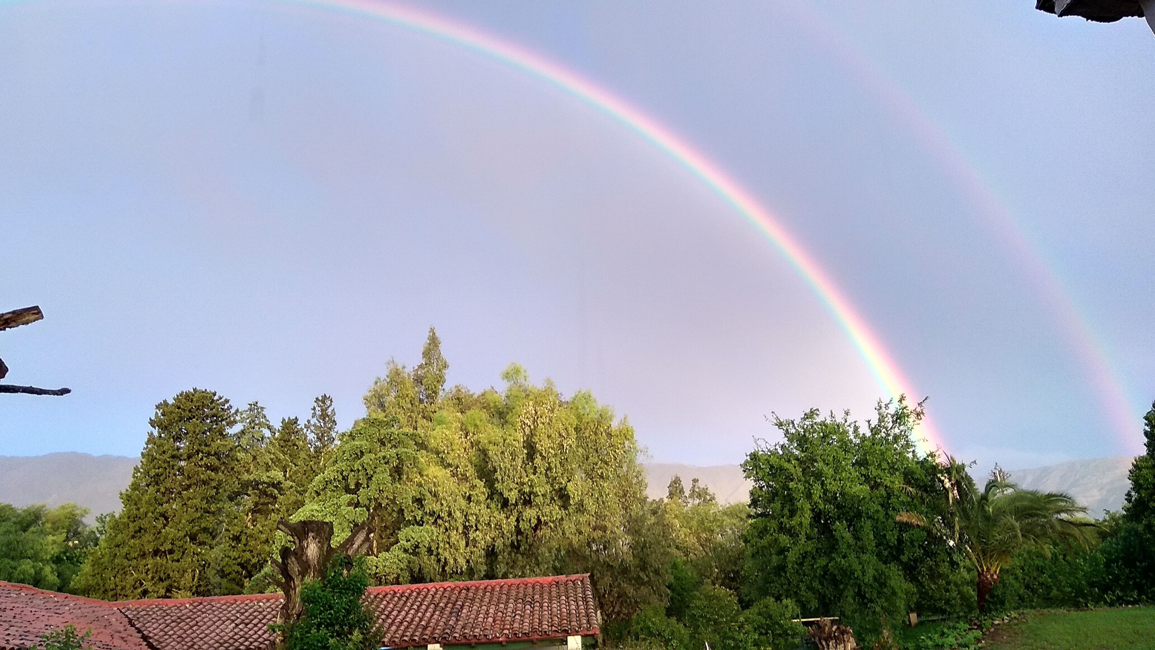 Una casa con techo de tejas rojas, rodeada de árboles verdes y una montaña al fondo.