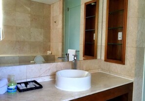 Hair dryer, towels, shampoo, toilet paper