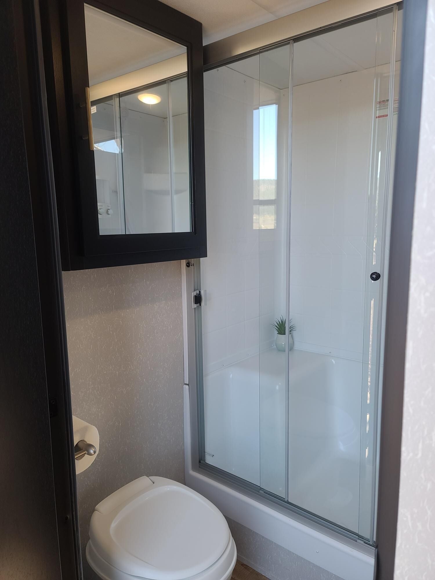 Une salle de bain moderne avec une douche à parois de verre, des toilettes blanches et un miroir au-dessus du lavabo.