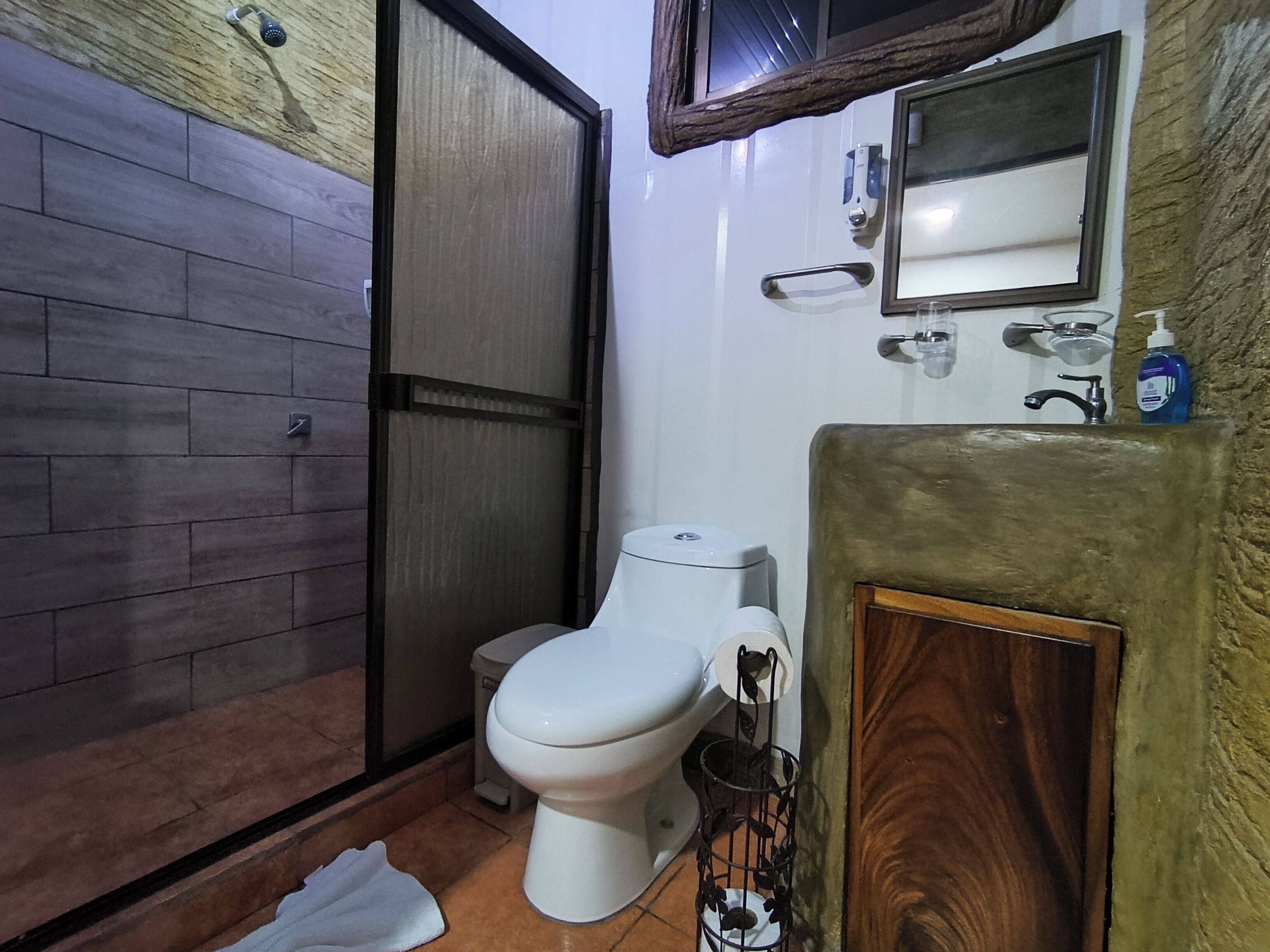 A bathroom with a toilet, a sink, and a shower area.