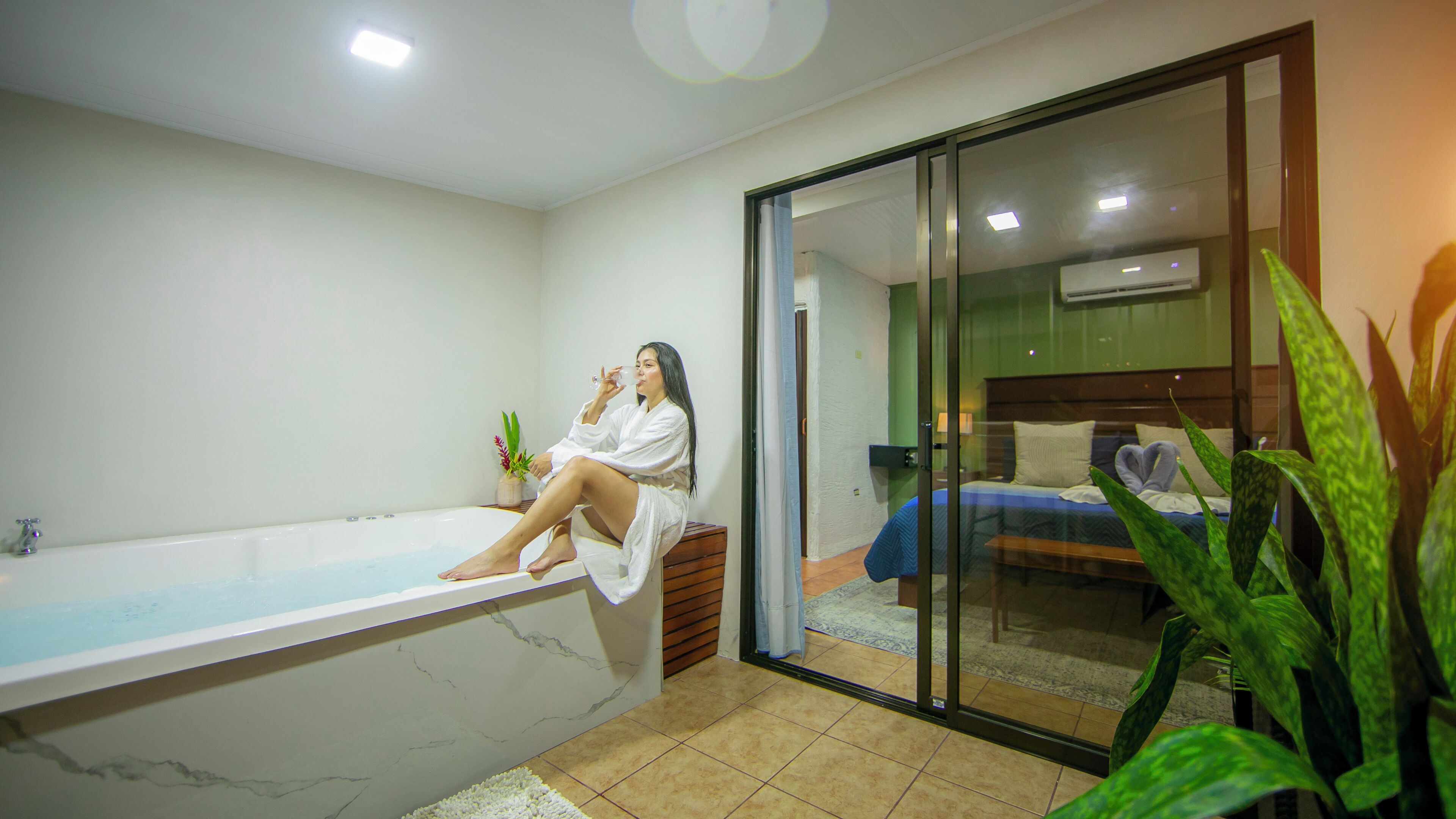 Un baño moderno con bañera, una puerta de cristal que da a un dormitorio y una planta en maceta.