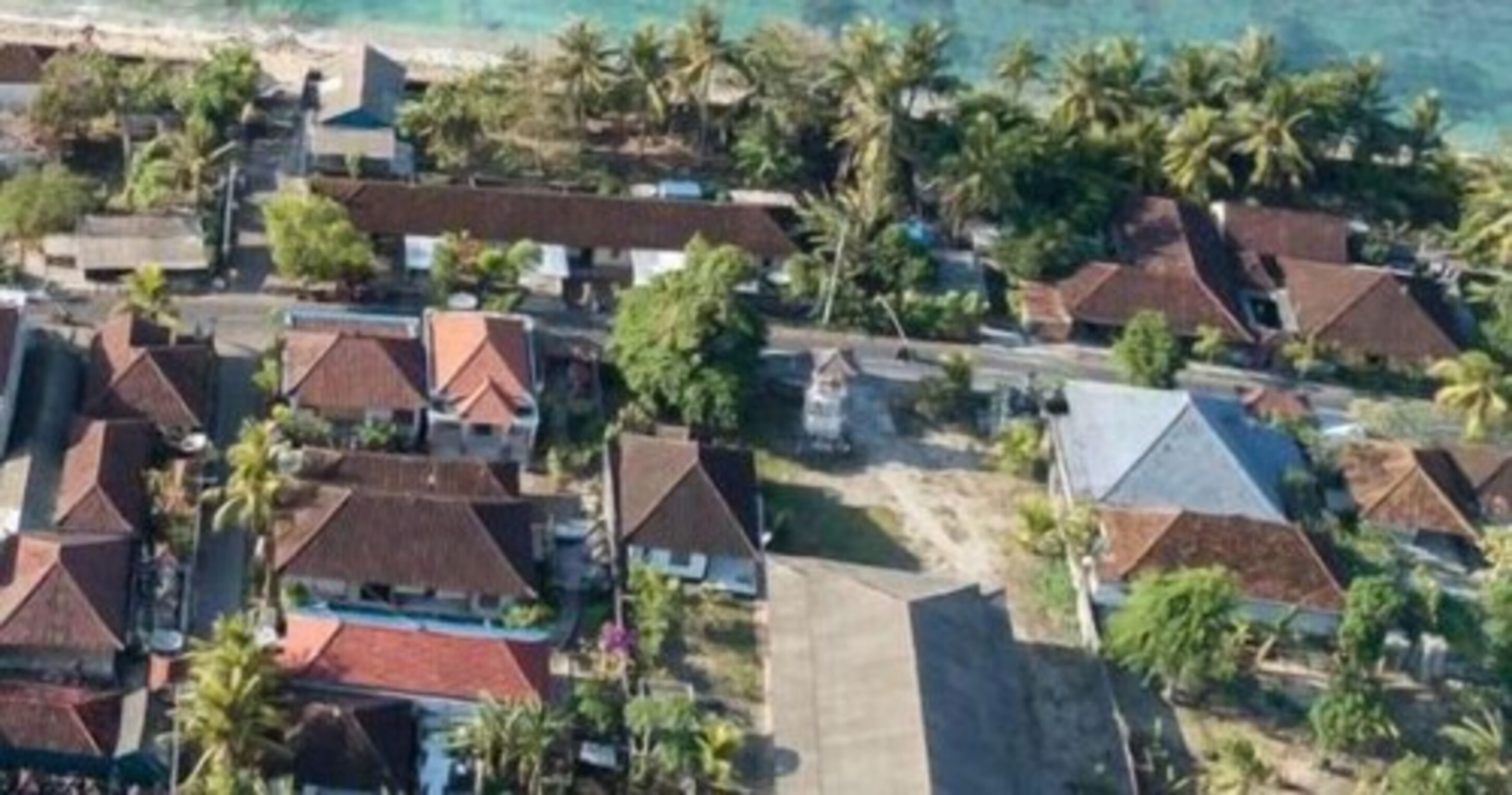 A coastal residential area with houses, palm trees, and a beach.