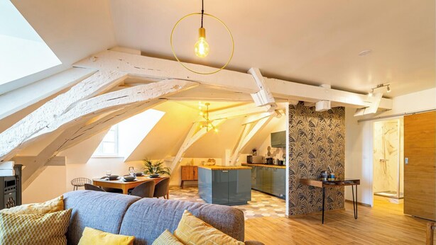 A loft-style apartment with exposed wooden beams, a dining area, kitchen, and a bathroom with a shower. - "Happy Cocoon" - Immersion in the historic center (Blois)