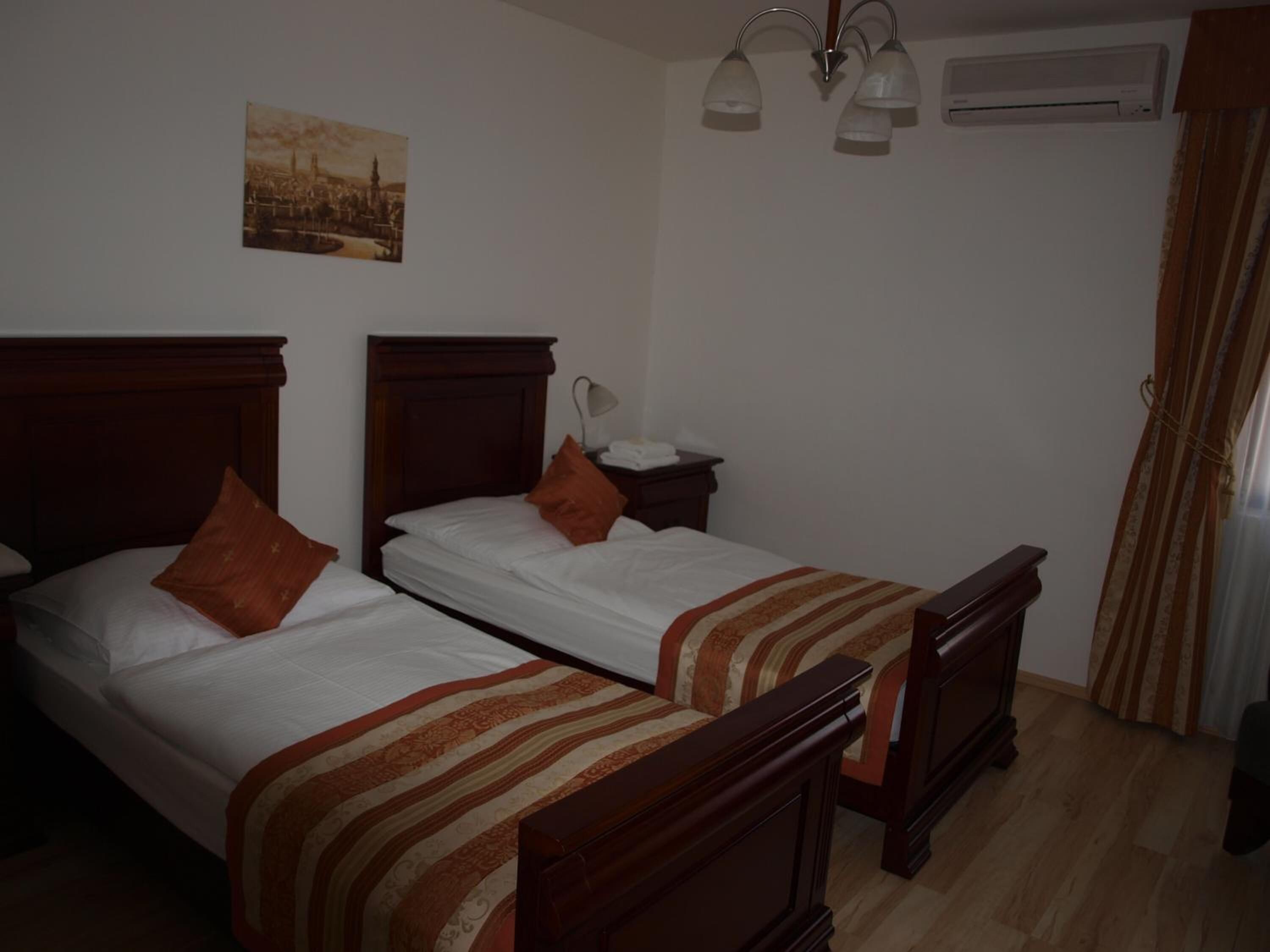 Habitación de hotel con dos camas de madera, una mesita de noche, una lámpara, un equipo de aire acondicionado y un cuadro en la pared.