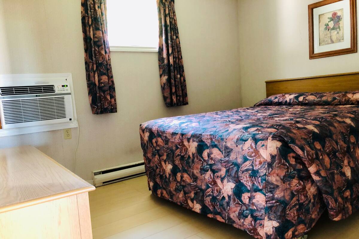 Un dormitorio con cama, aire acondicionado, ventana con cortinas y un cuadro en la pared.