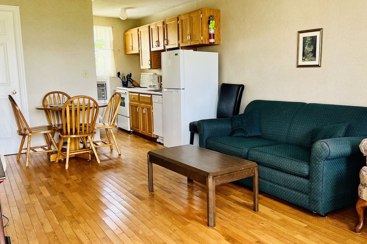 Un espacio habitable compacto con una mesa de comedor de madera, un sofá verde y un sillón con estampado floral. Se ve una kitchenette con armarios de madera y un refrigerador blanco al fondo.
