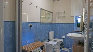 A bathroom with a blue and white tiled wall, a white toilet, a sink, and a shower area. - Three Rooms (Messina)